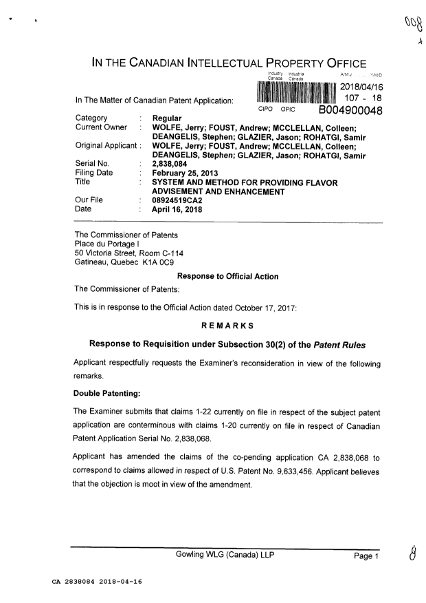 Canadian Patent Document 2838084. Amendment 20180416. Image 1 of 8