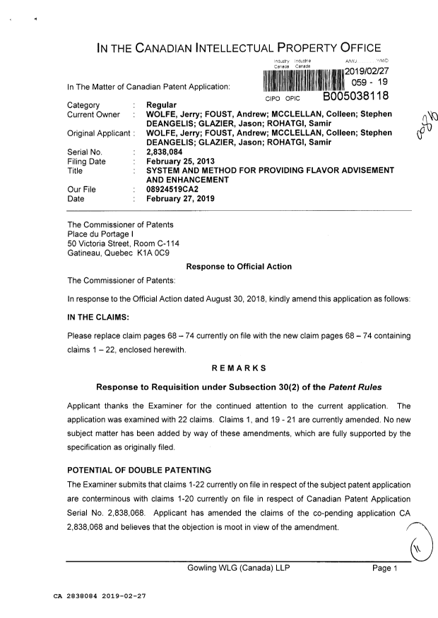 Canadian Patent Document 2838084. Amendment 20190227. Image 1 of 11