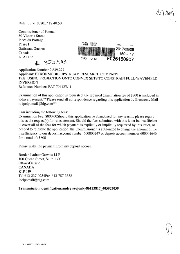 Document de brevet canadien 2839277. Requête d'examen 20170608. Image 1 de 1
