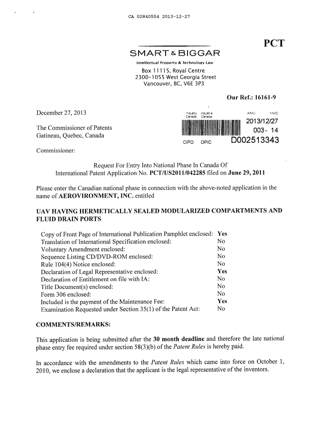 Canadian Patent Document 2840554. Prosecution-Amendment 20131227. Image 1 of 4