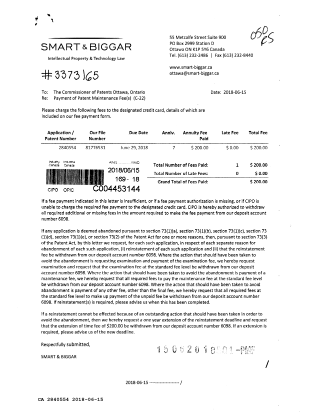 Canadian Patent Document 2840554. Maintenance Fee Payment 20180615. Image 1 of 1