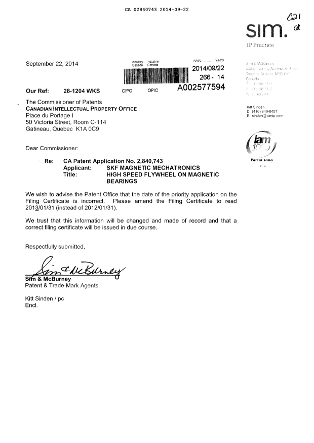Document de brevet canadien 2840743. Correspondance 20140922. Image 1 de 1