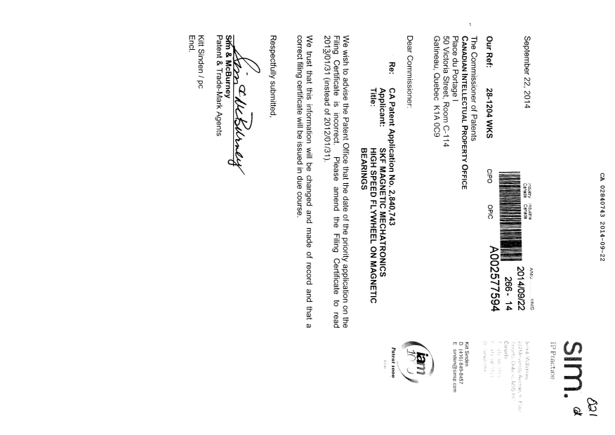 Canadian Patent Document 2840743. Correspondence 20140922. Image 1 of 1