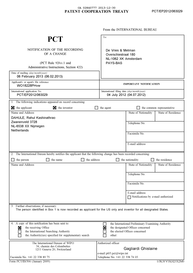 Document de brevet canadien 2840777. PCT 20131230. Image 1 de 13