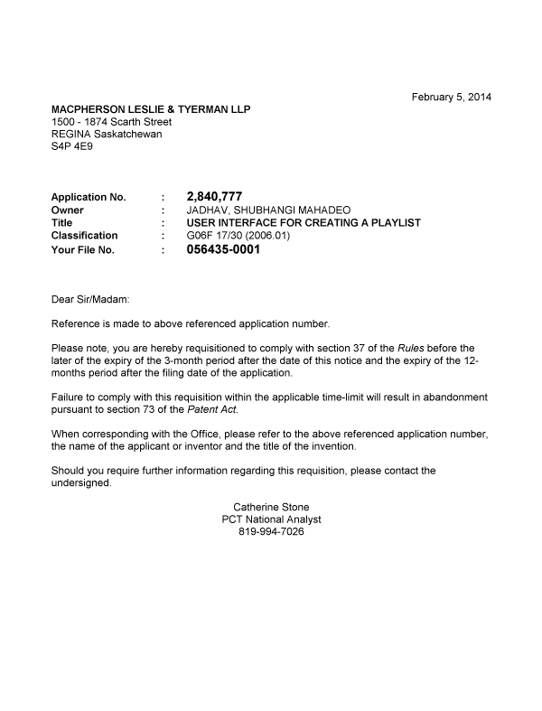 Document de brevet canadien 2840777. Correspondance 20140205. Image 1 de 1
