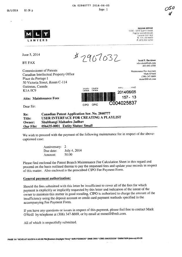Document de brevet canadien 2840777. Taxes 20140605. Image 1 de 3
