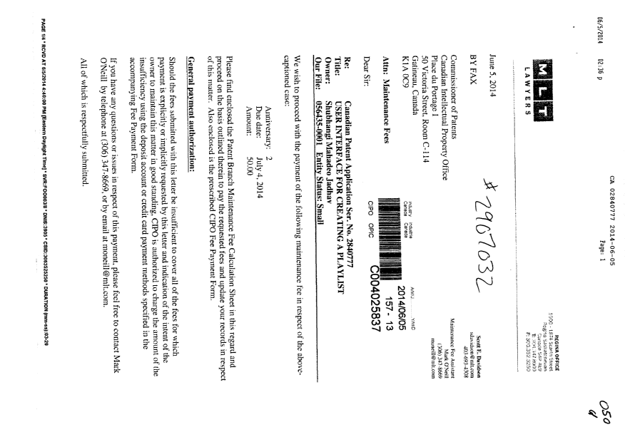 Canadian Patent Document 2840777. Fees 20140605. Image 1 of 3