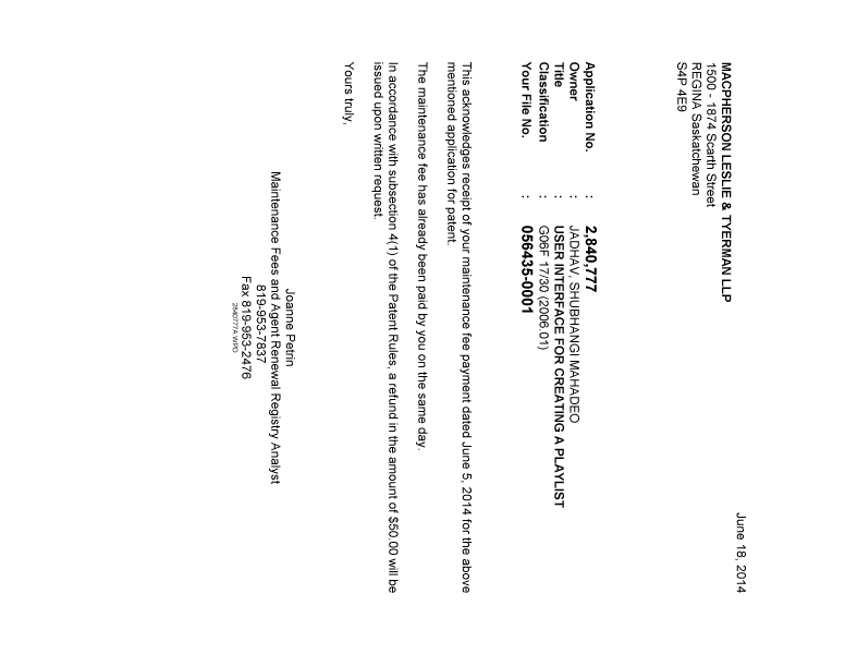 Canadian Patent Document 2840777. Correspondence 20140618. Image 1 of 1