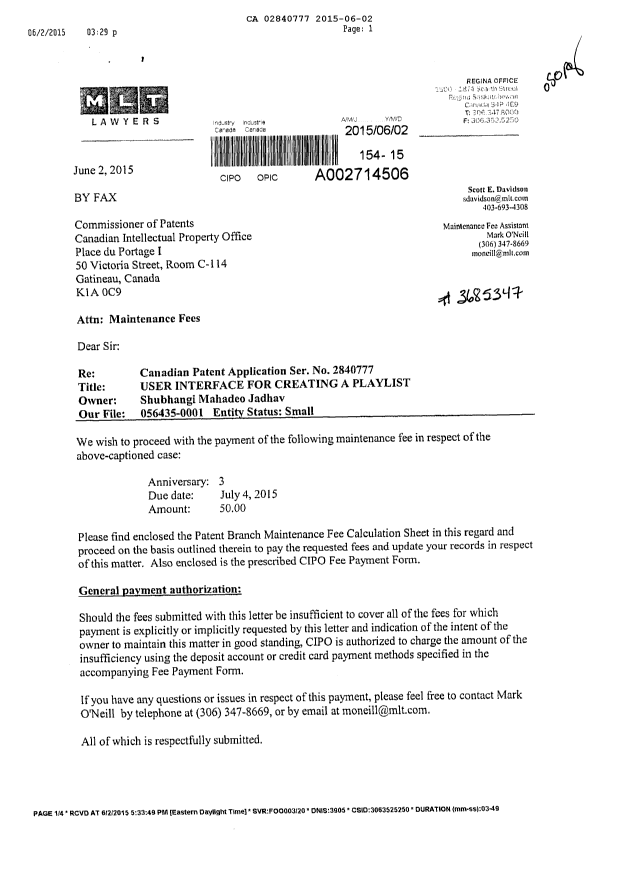 Document de brevet canadien 2840777. Taxes 20150602. Image 1 de 2