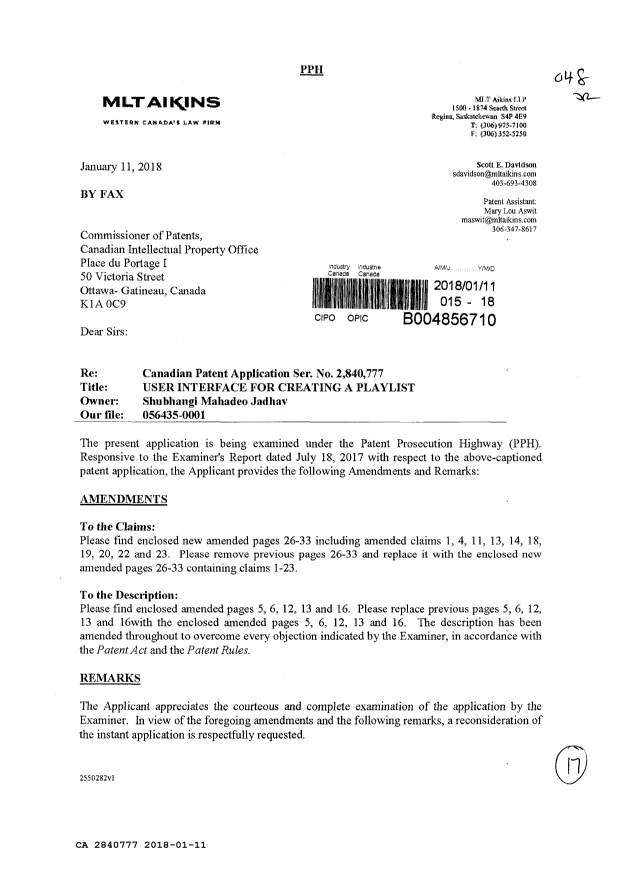 Document de brevet canadien 2840777. Modification 20180111. Image 1 de 17