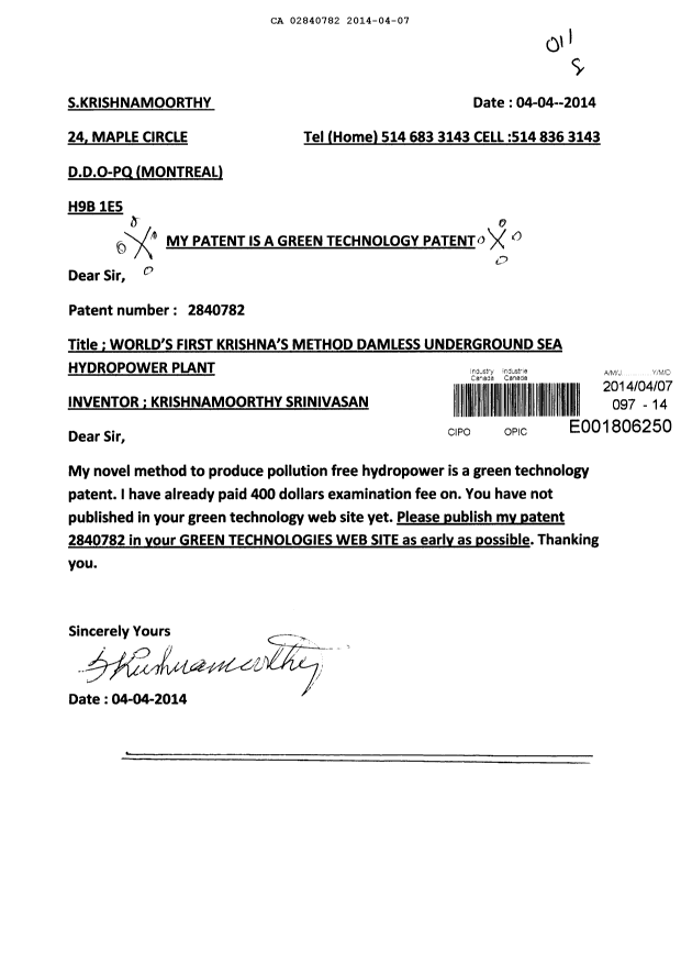Canadian Patent Document 2840782. Prosecution-Amendment 20140407. Image 1 of 1