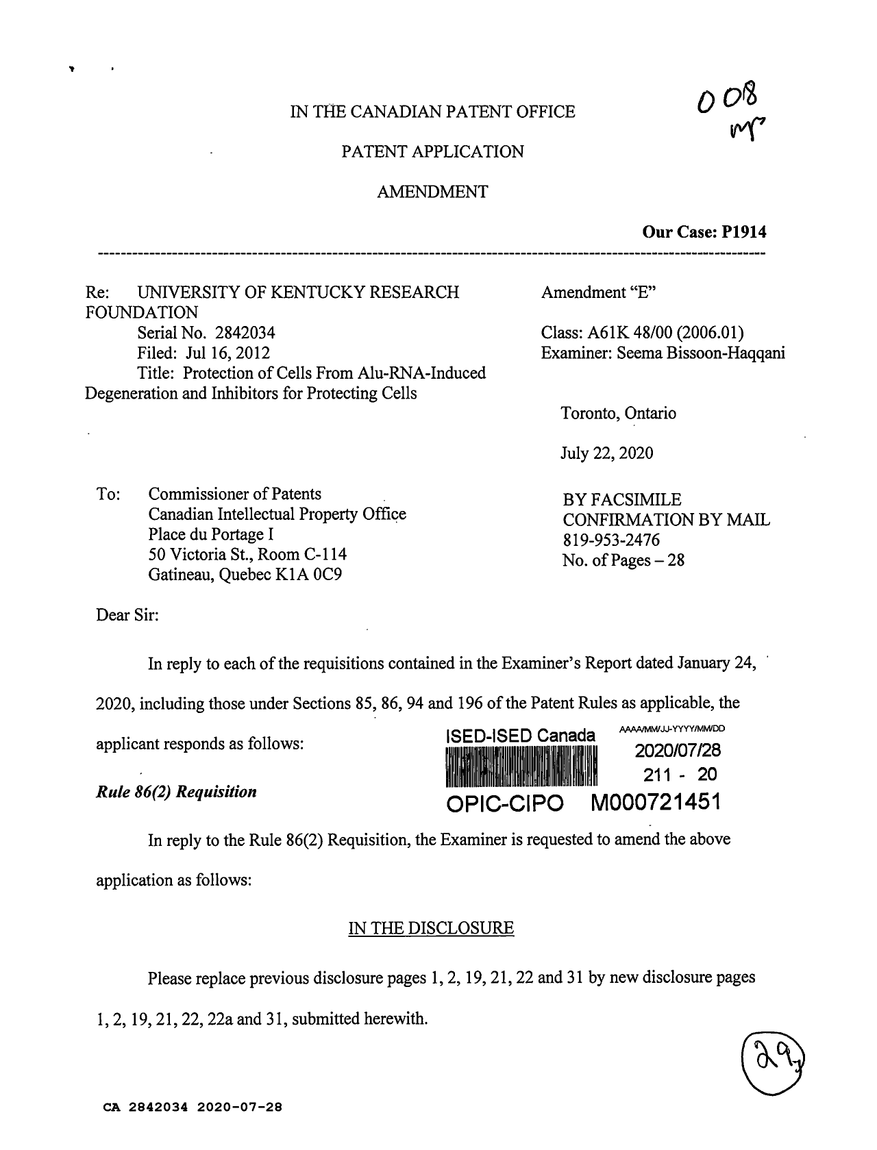 Canadian Patent Document 2842034. Amendment 20200728. Image 1 of 29