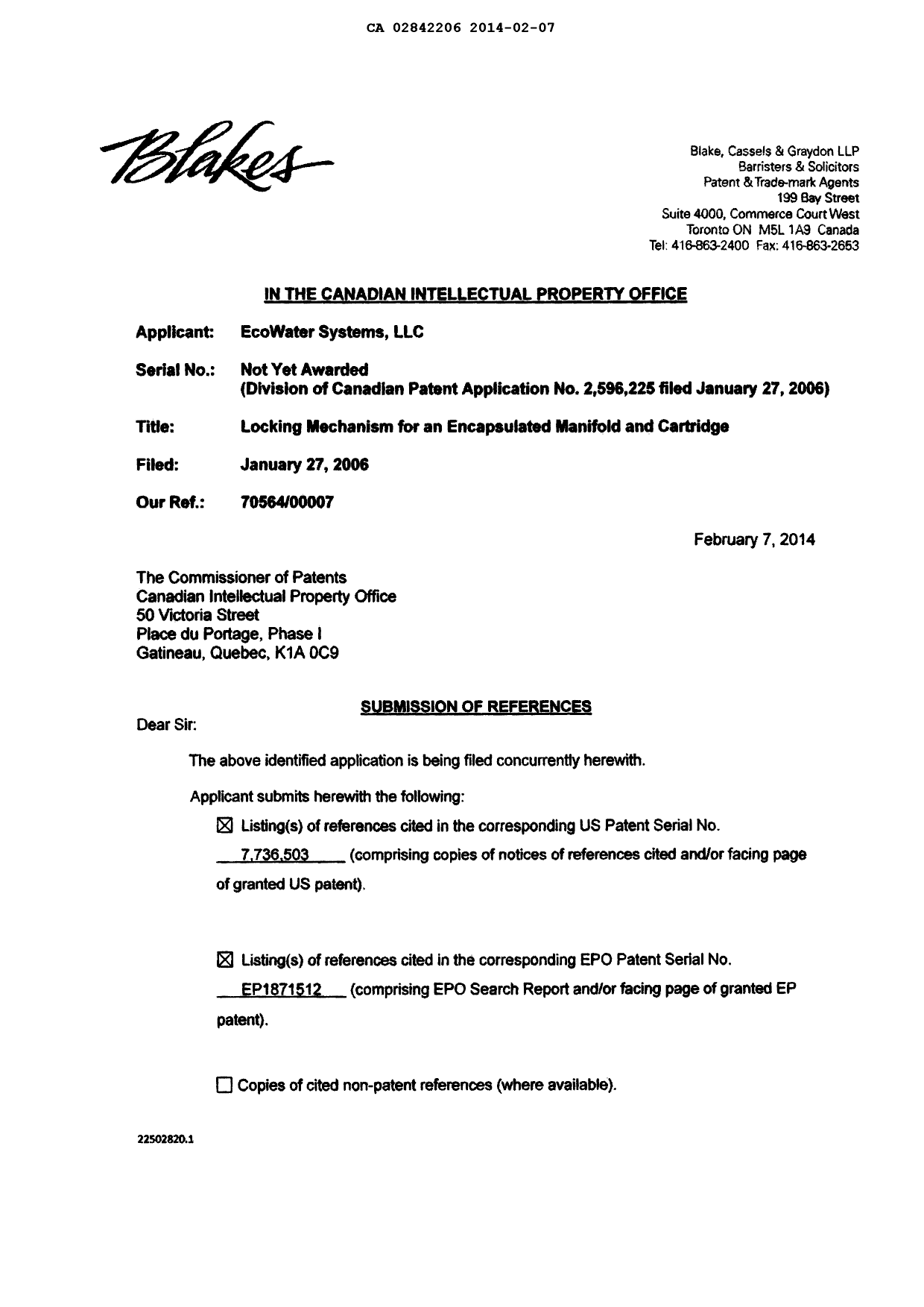 Canadian Patent Document 2842206. Prosecution-Amendment 20140207. Image 1 of 2