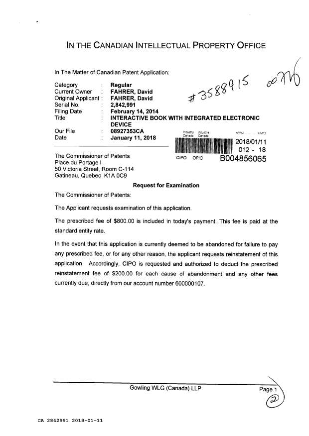 Document de brevet canadien 2842991. Requête d'examen 20180111. Image 1 de 2