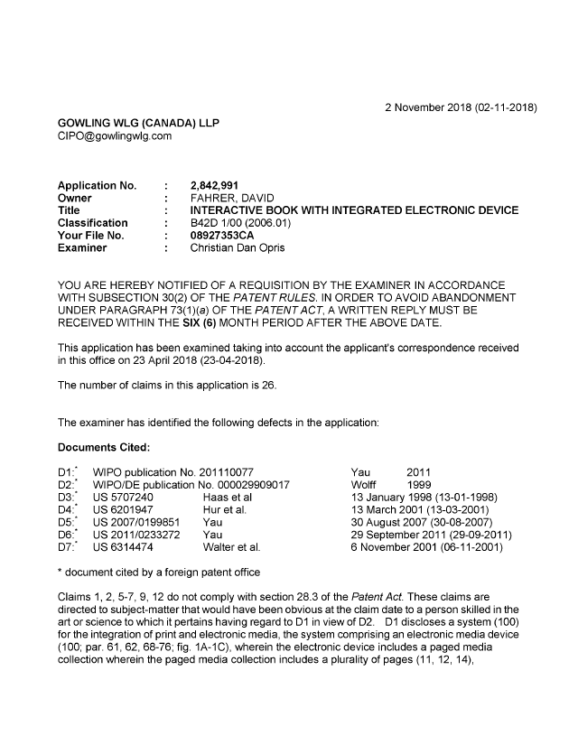 Document de brevet canadien 2842991. Demande d'examen 20181102. Image 1 de 5
