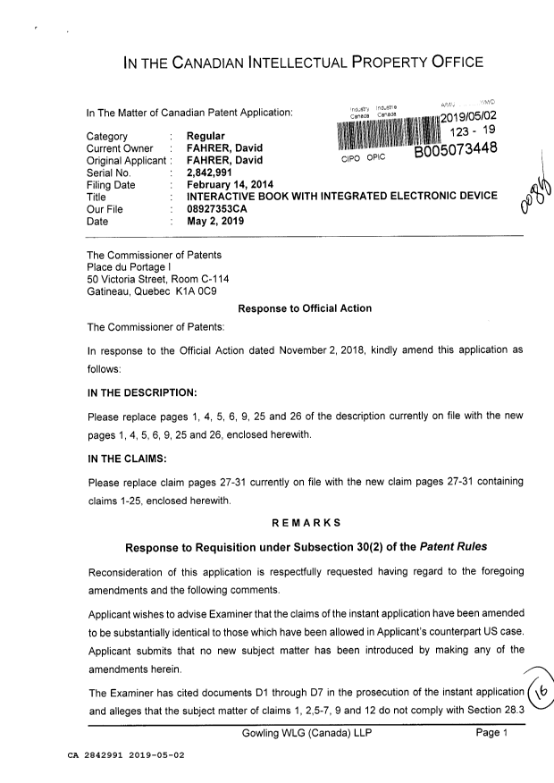 Document de brevet canadien 2842991. Modification 20190502. Image 1 de 16