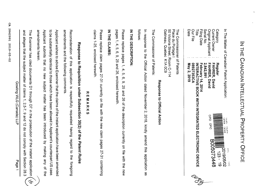 Canadian Patent Document 2842991. Amendment 20190502. Image 1 of 16