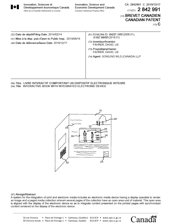Canadian Patent Document 2842991. Cover Page 20191120. Image 1 of 1