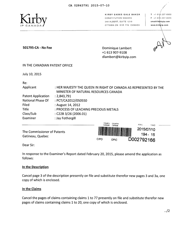 Document de brevet canadien 2843791. Modification 20150710. Image 1 de 6