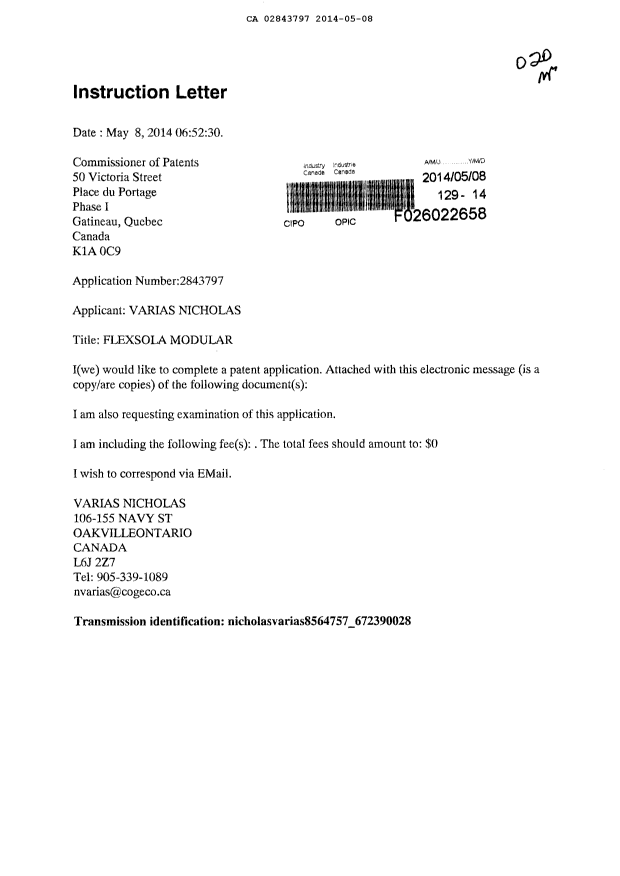 Canadian Patent Document 2843797. Correspondence 20131208. Image 1 of 2