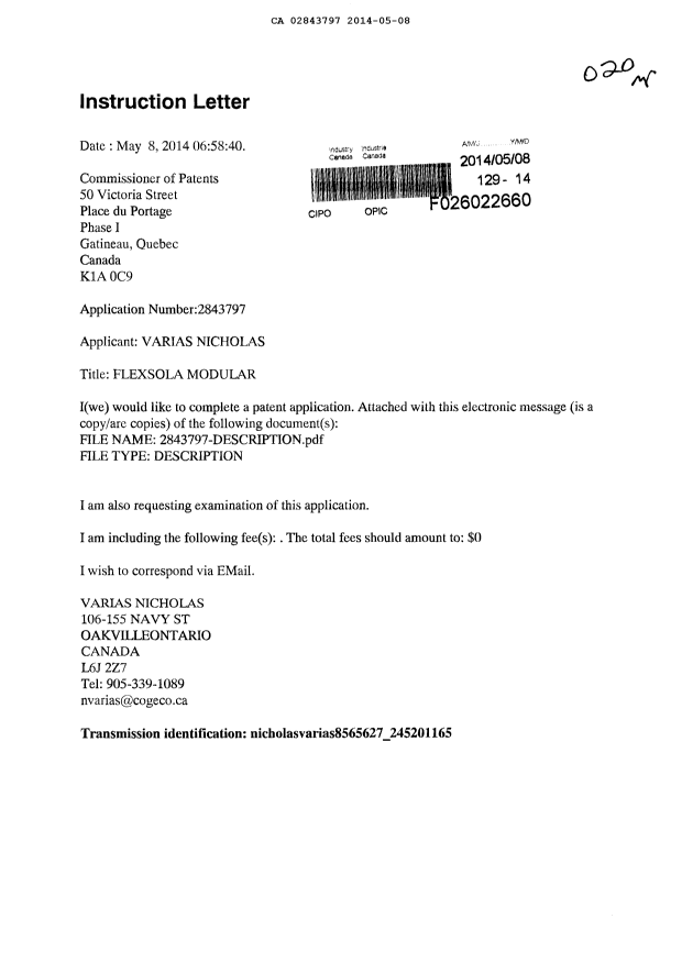 Document de brevet canadien 2843797. Correspondance 20131208. Image 1 de 21