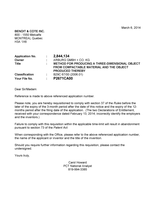 Document de brevet canadien 2844134. Correspondance 20140306. Image 1 de 1