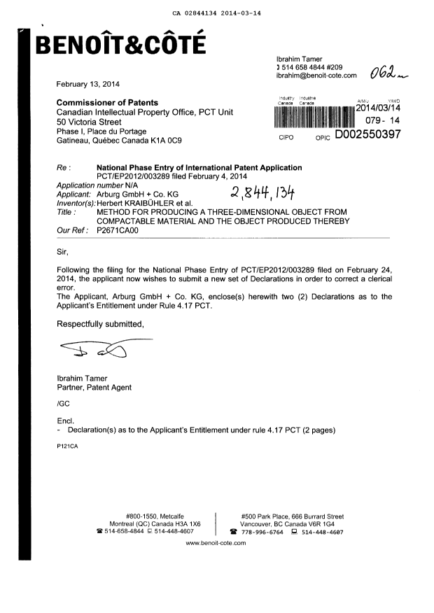 Document de brevet canadien 2844134. Correspondance 20140314. Image 1 de 3