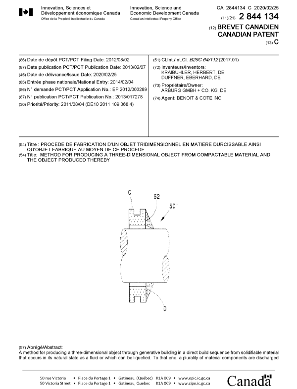 Document de brevet canadien 2844134. Page couverture 20200131. Image 1 de 2