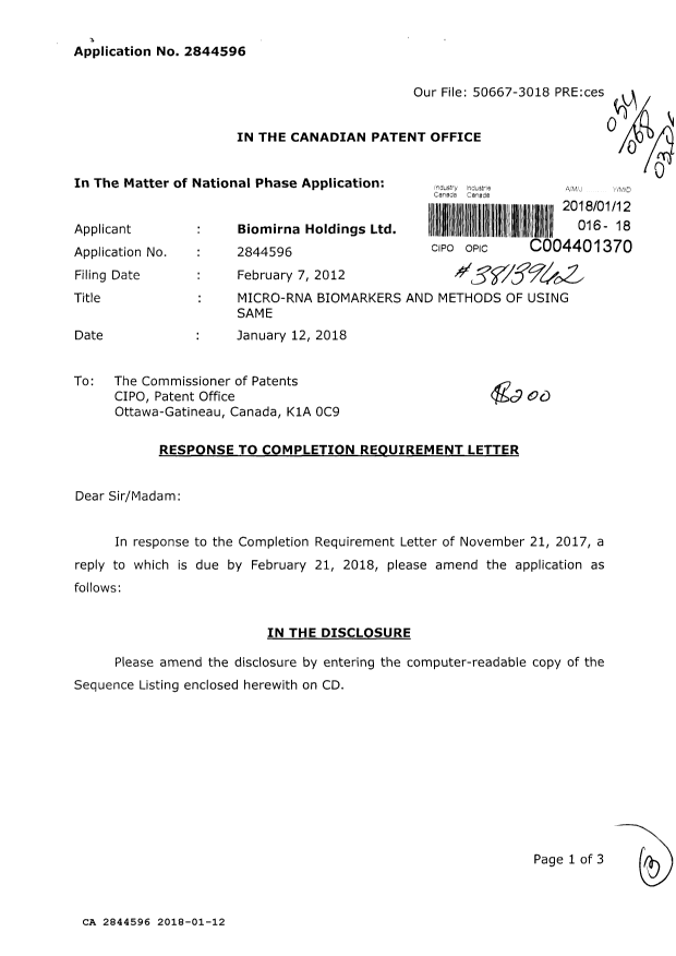 Canadian Patent Document 2844596. Completion Fee - PCT 20180112. Image 1 of 3