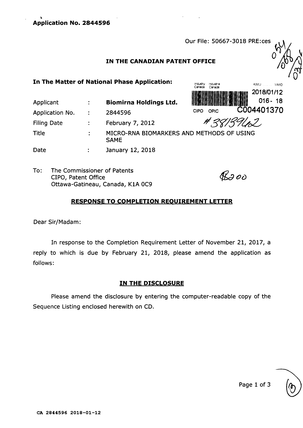 Canadian Patent Document 2844596. Completion Fee - PCT 20180112. Image 1 of 3