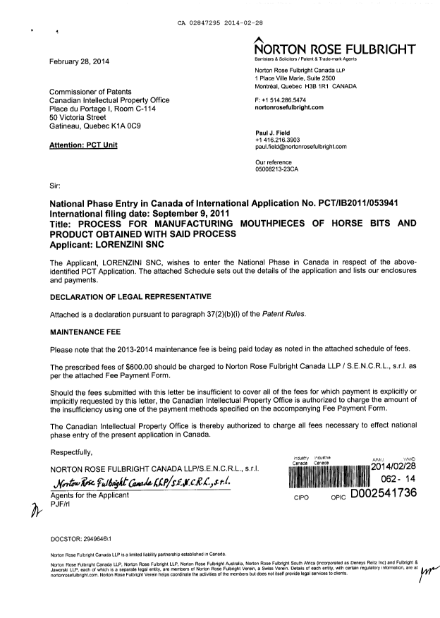 Canadian Patent Document 2847295. Assignment 20140228. Image 1 of 4