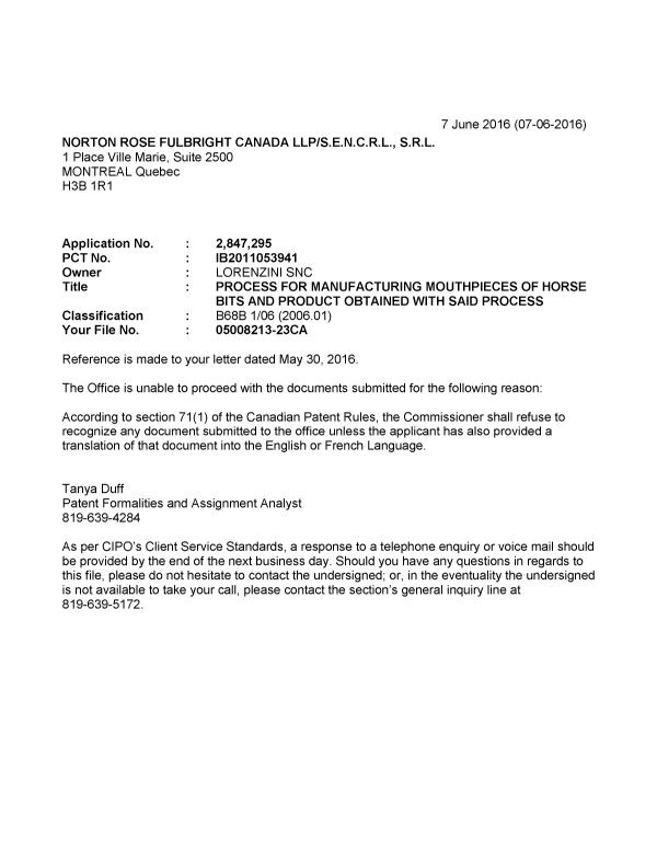 Canadian Patent Document 2847295. Office Letter 20160607. Image 1 of 1