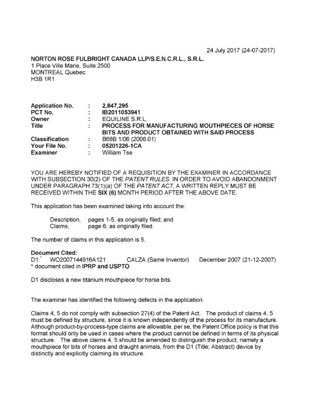 Canadian Patent Document 2847295. Examiner Requisition 20170724. Image 1 of 3