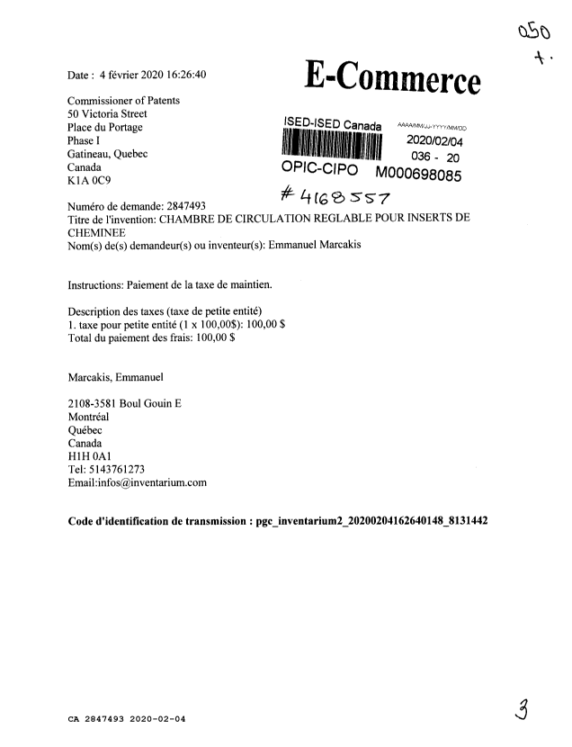 Canadian Patent Document 2847493. Maintenance Fee Payment 20200204. Image 1 of 3