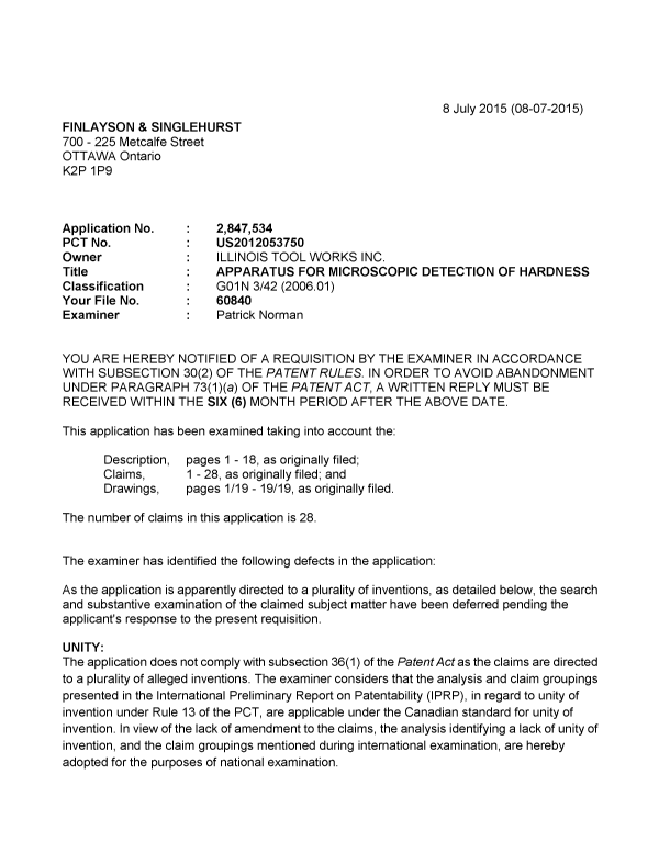 Document de brevet canadien 2847534. Demande d'examen 20150708. Image 1 de 3