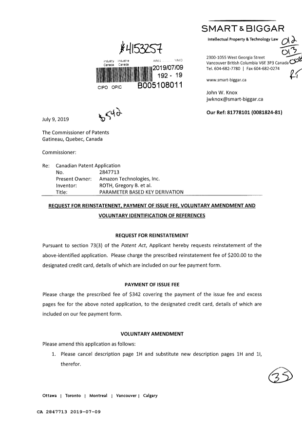 Canadian Patent Document 2847713. Reinstatement 20190709. Image 1 of 35