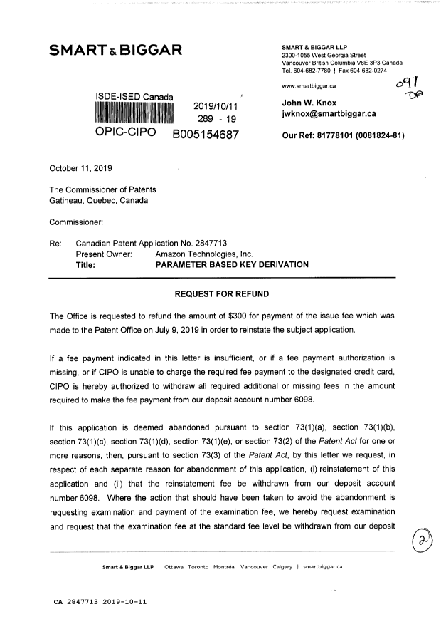 Document de brevet canadien 2847713. Remboursement 20191011. Image 1 de 2