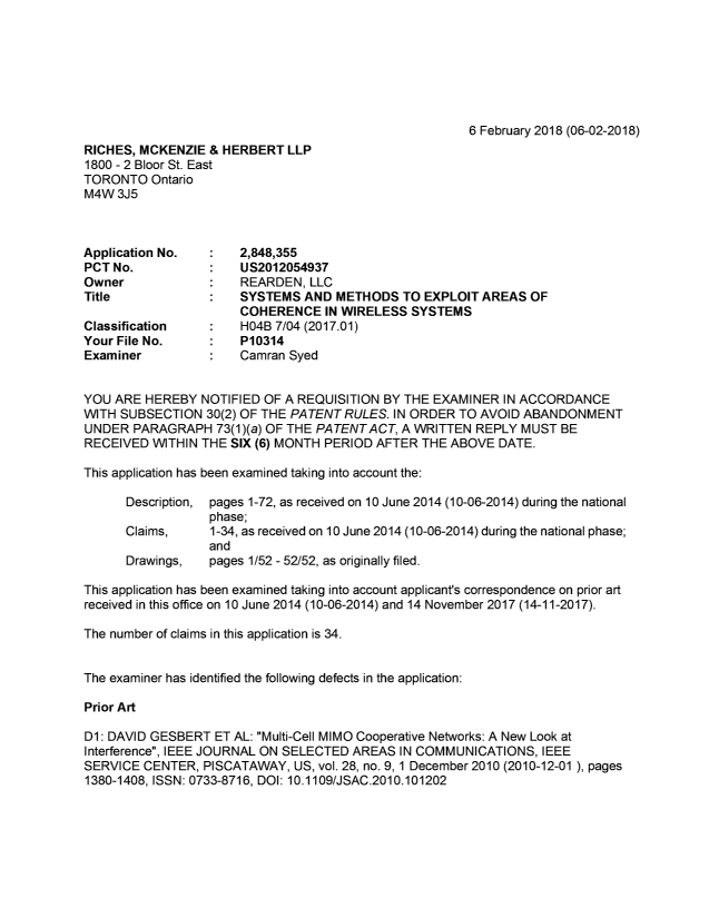 Document de brevet canadien 2848355. Demande d'examen 20180206. Image 1 de 4