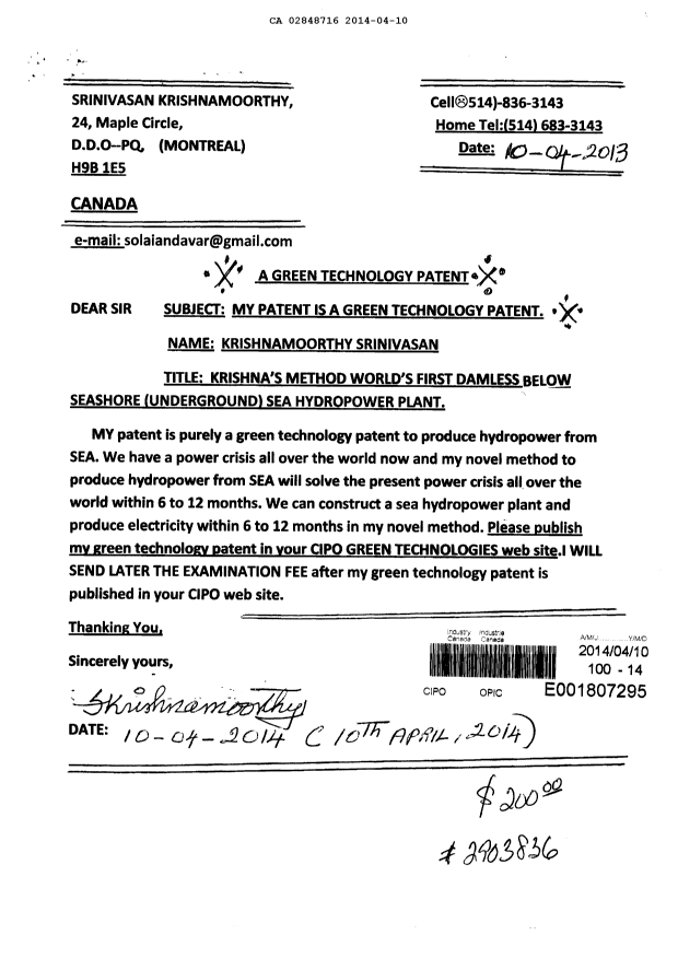 Canadian Patent Document 2848716. Assignment 20131210. Image 1 of 2