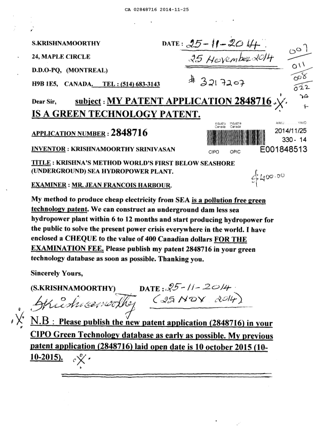 Canadian Patent Document 2848716. Correspondence 20131225. Image 1 of 4