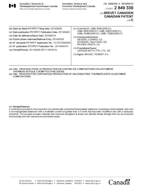 Document de brevet canadien 2849339. Page couverture 20181217. Image 1 de 1
