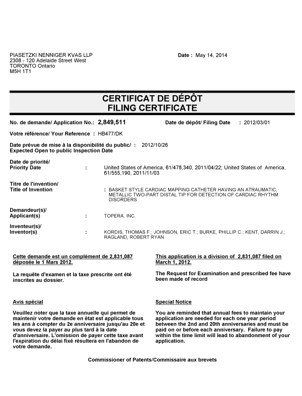 Document de brevet canadien 2849511. Correspondance 20140514. Image 1 de 1