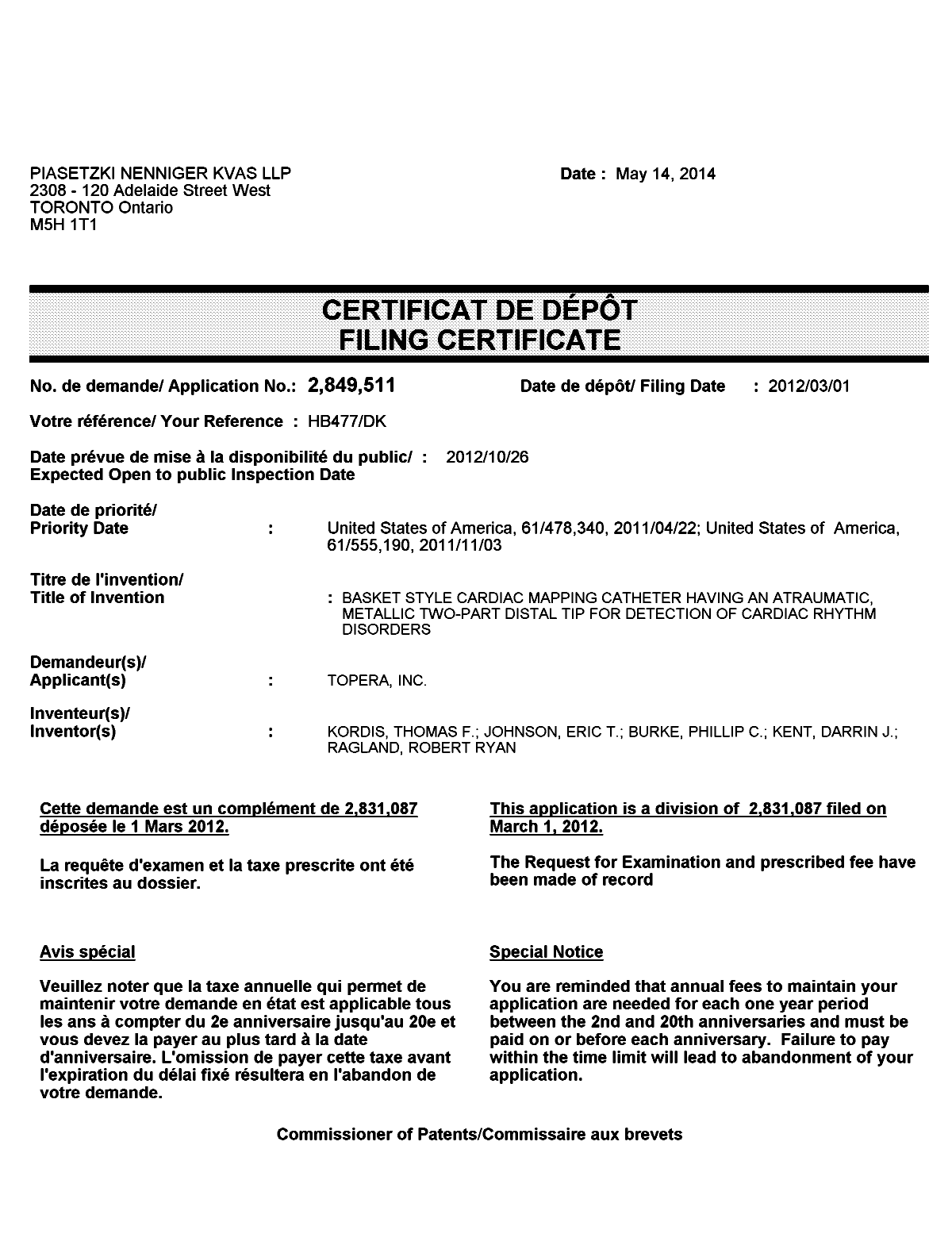 Canadian Patent Document 2849511. Correspondence 20140514. Image 1 of 1