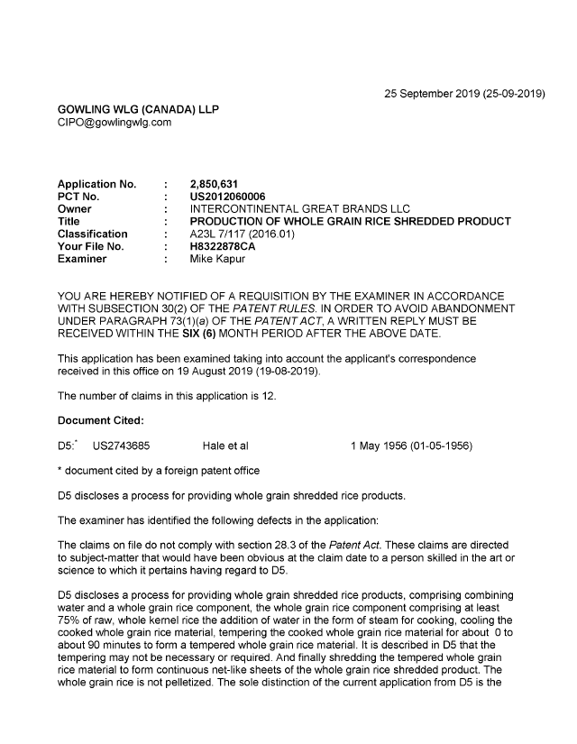 Document de brevet canadien 2850631. Demande d'examen 20190925. Image 1 de 3