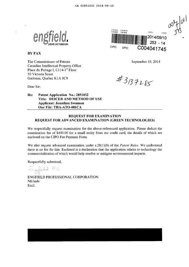 Canadian Patent Document 2851032. Prosecution-Amendment 20131210. Image 1 of 3