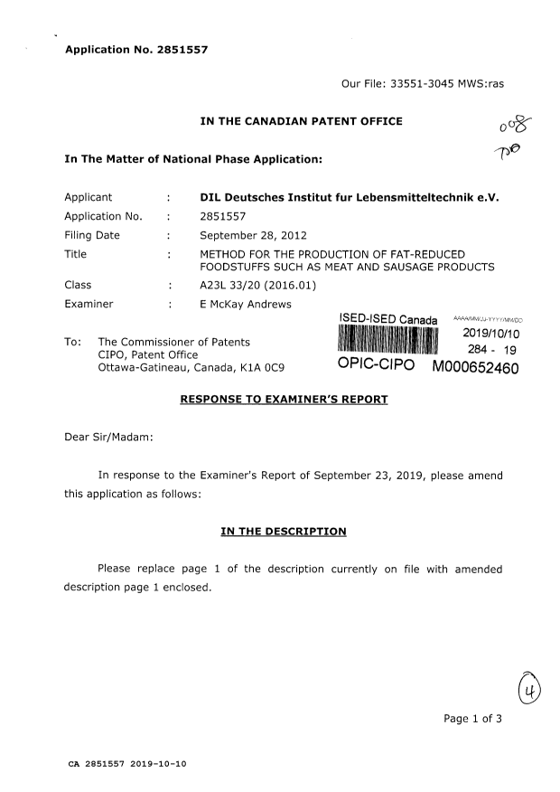 Canadian Patent Document 2851557. Amendment 20191010. Image 1 of 4