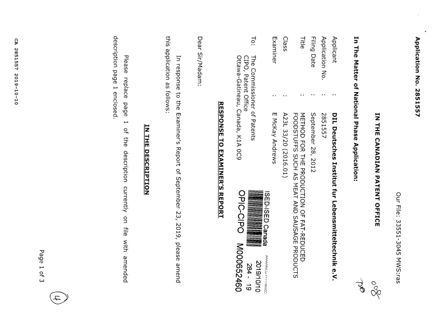 Canadian Patent Document 2851557. Amendment 20191010. Image 1 of 4