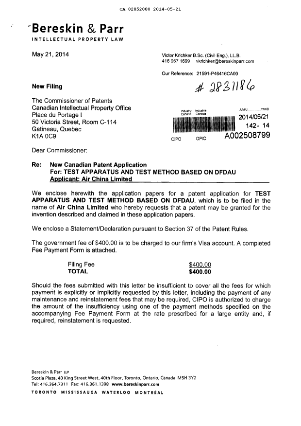 Canadian Patent Document 2852080. Assignment 20140521. Image 1 of 6