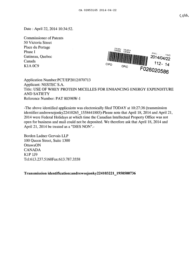 Document de brevet canadien 2853165. Correspondance 20140422. Image 1 de 1