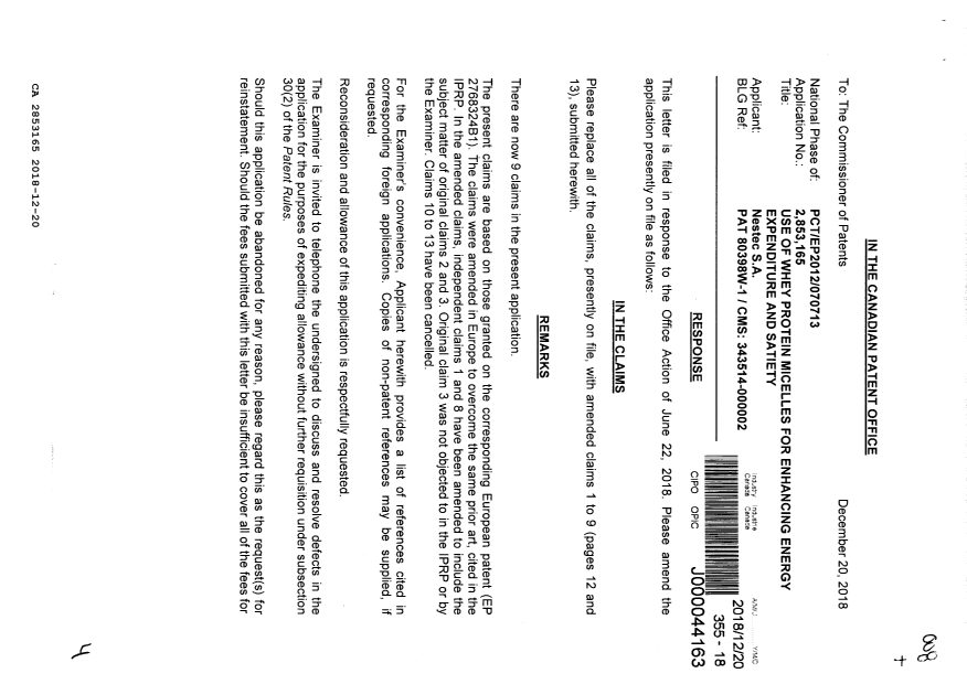 Canadian Patent Document 2853165. Amendment 20181220. Image 1 of 4